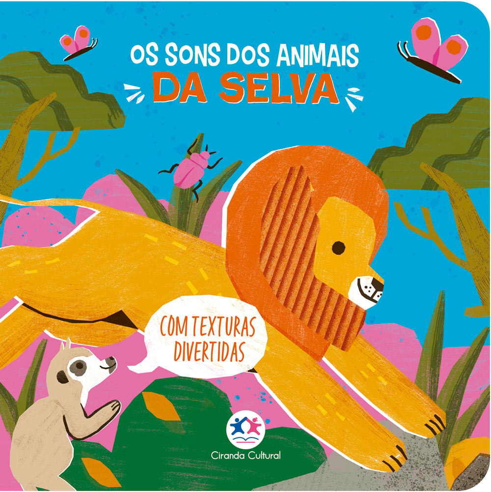 Livro infantil Os Sons dos Animais da Selva, capa azul com leão e texturas. — Plenitude