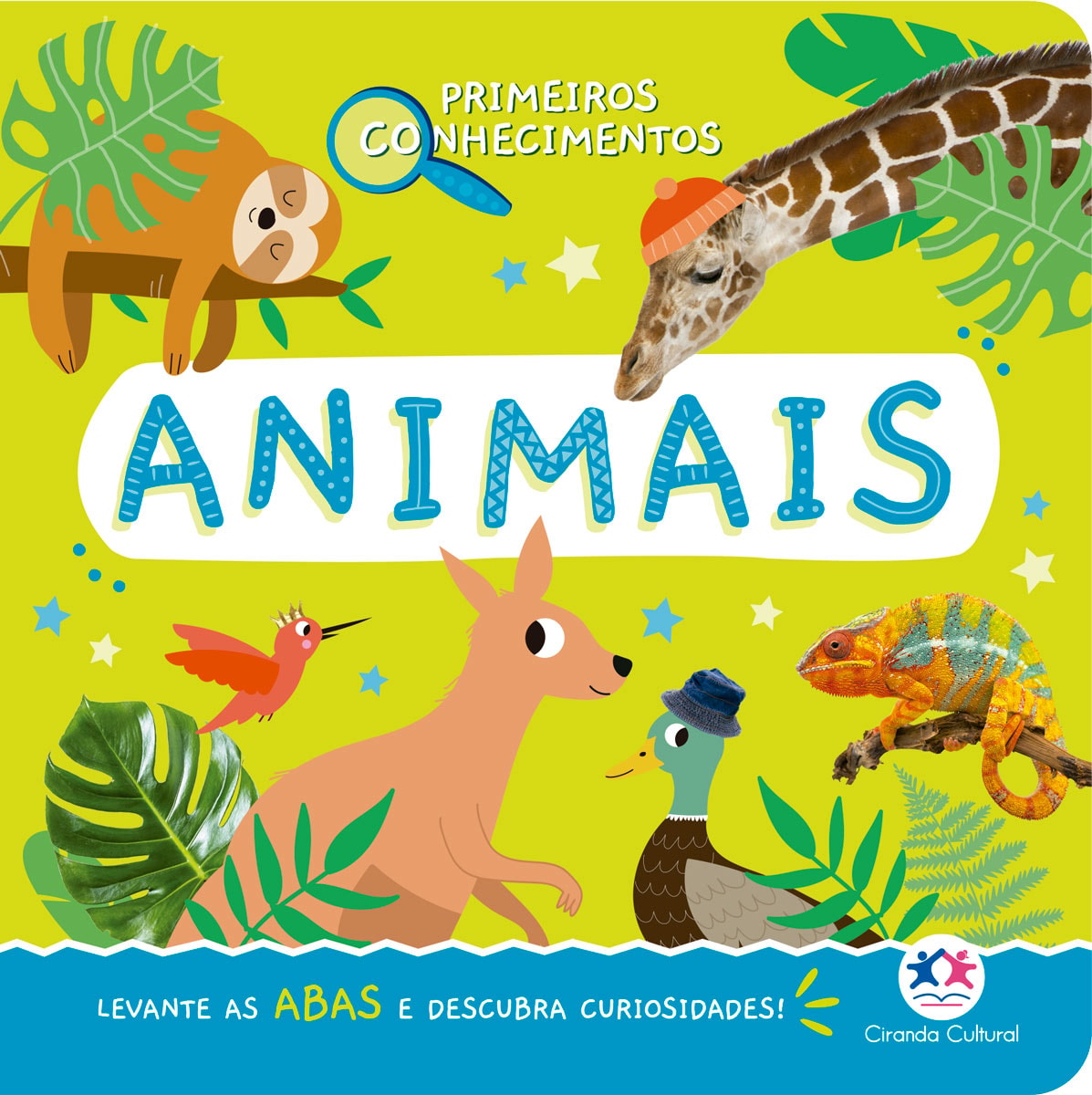 Livro infantil Primeiros Conhecimentos - Animais, capa colorida com girafa e canguru. — Plenitude