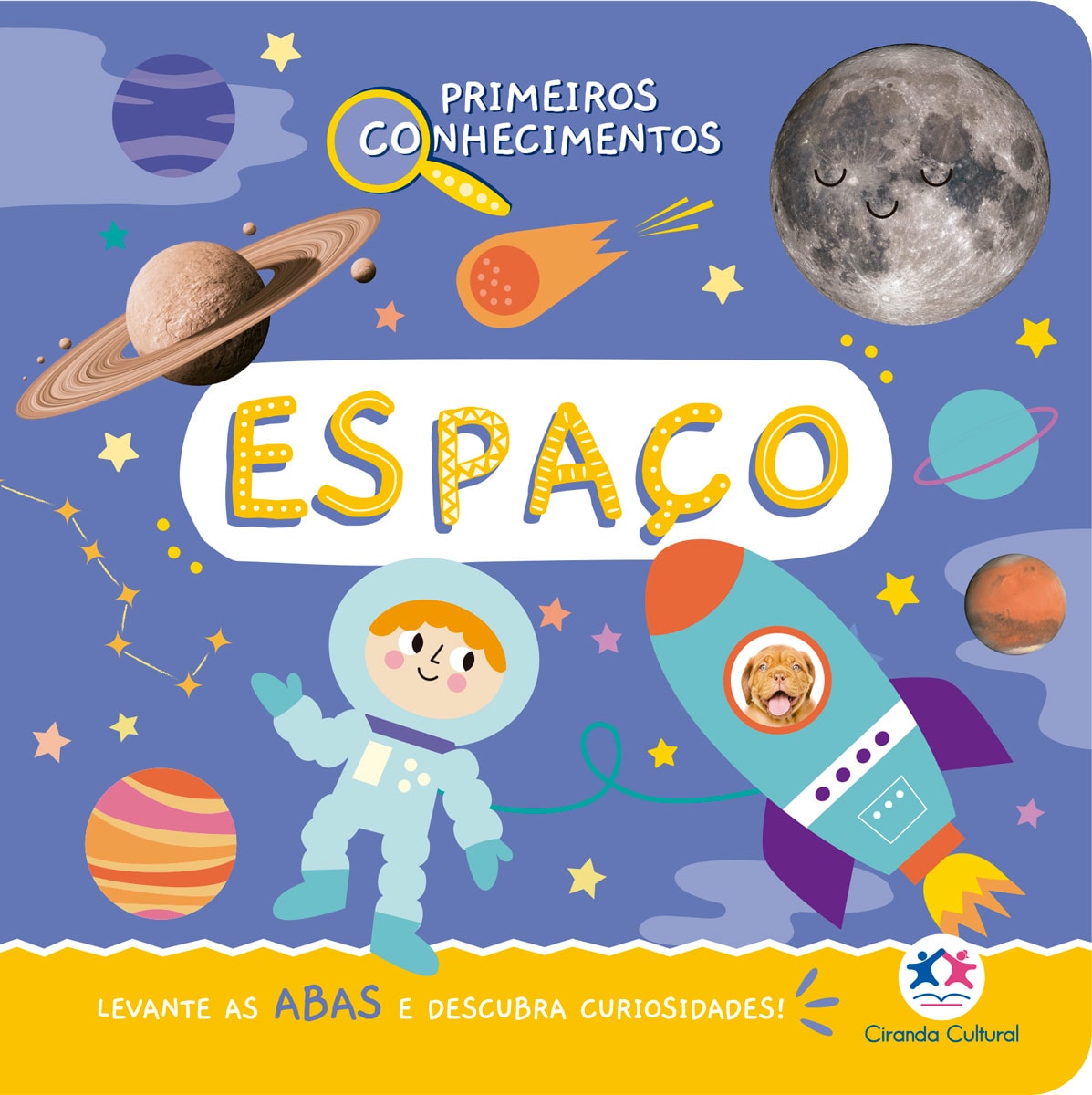 Livro infantil "Primeiros Conhecimentos - Espaço" da Ciranda Cultural, com capa azul e elementos espaciais. — Plenitude