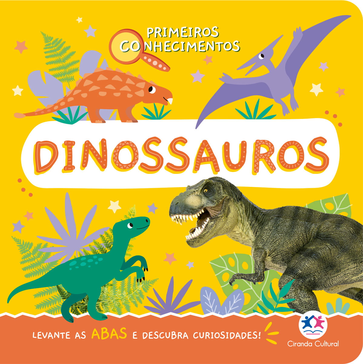 Livro infantil "Primeiros Conhecimentos - Dinossauros" da Ciranda Cultural, com capa amarela e dinossauros. — Plenitude