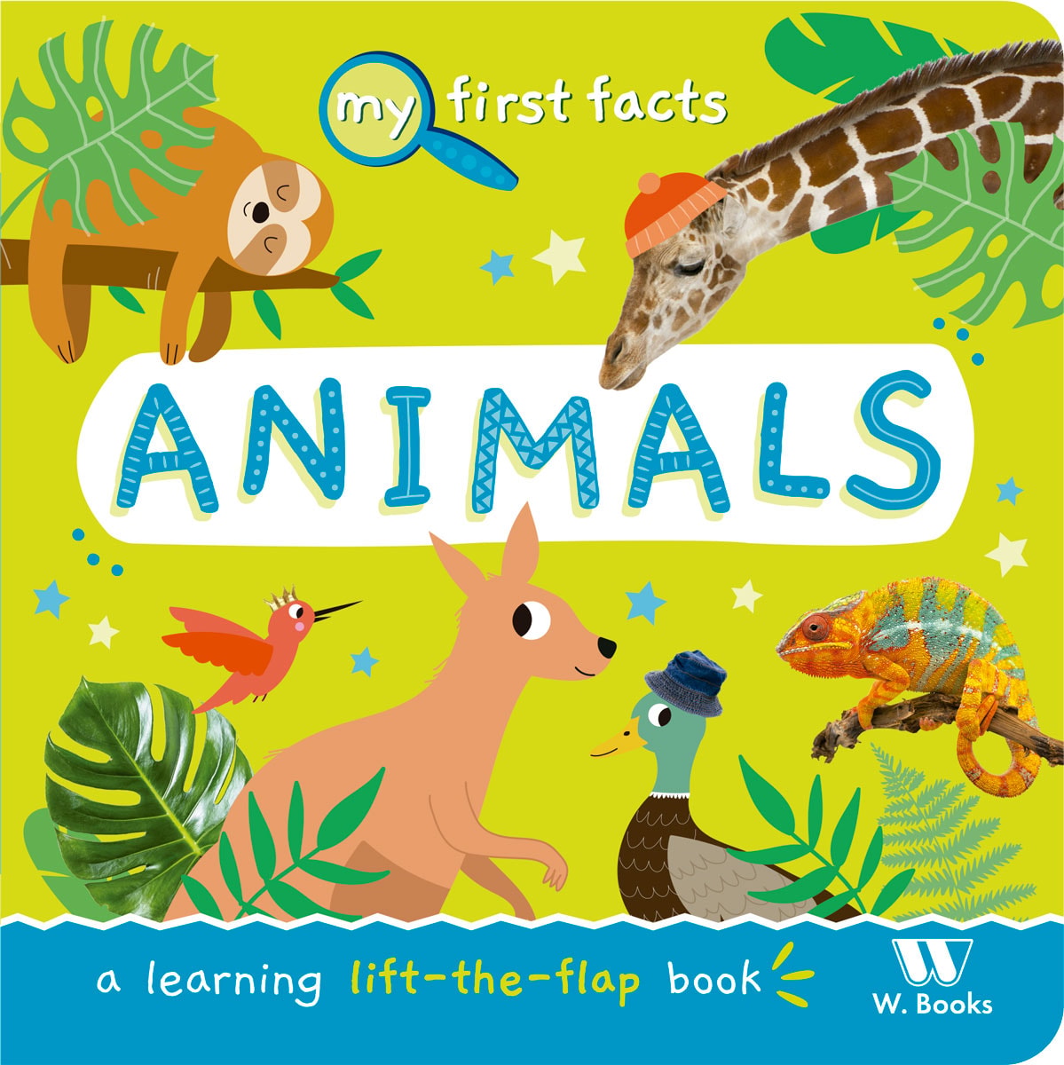 Livro interativo My First Fact Animals, capa verde com animais da selva. — Plenitude