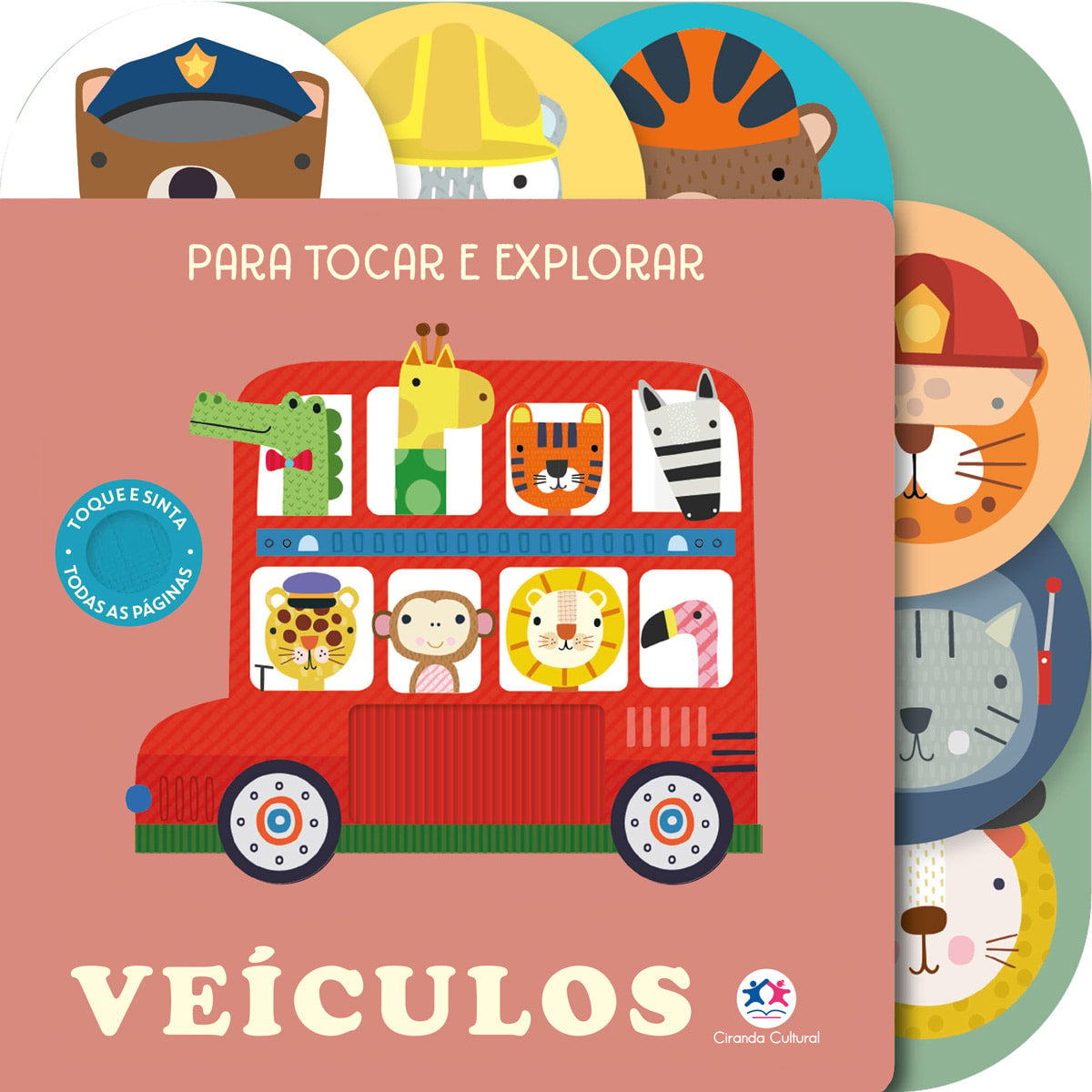 Livro "Veículos | Para Tocar e Explorar", capa vermelha com um ônibus e animais. — Plenitude
