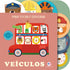 Livro "Veículos | Para Tocar e Explorar", capa vermelha com um ônibus e animais. — Plenitude