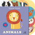 Livro Toque e Sinta Animals, capa roxa com leão e abas de animais. — Plenitude