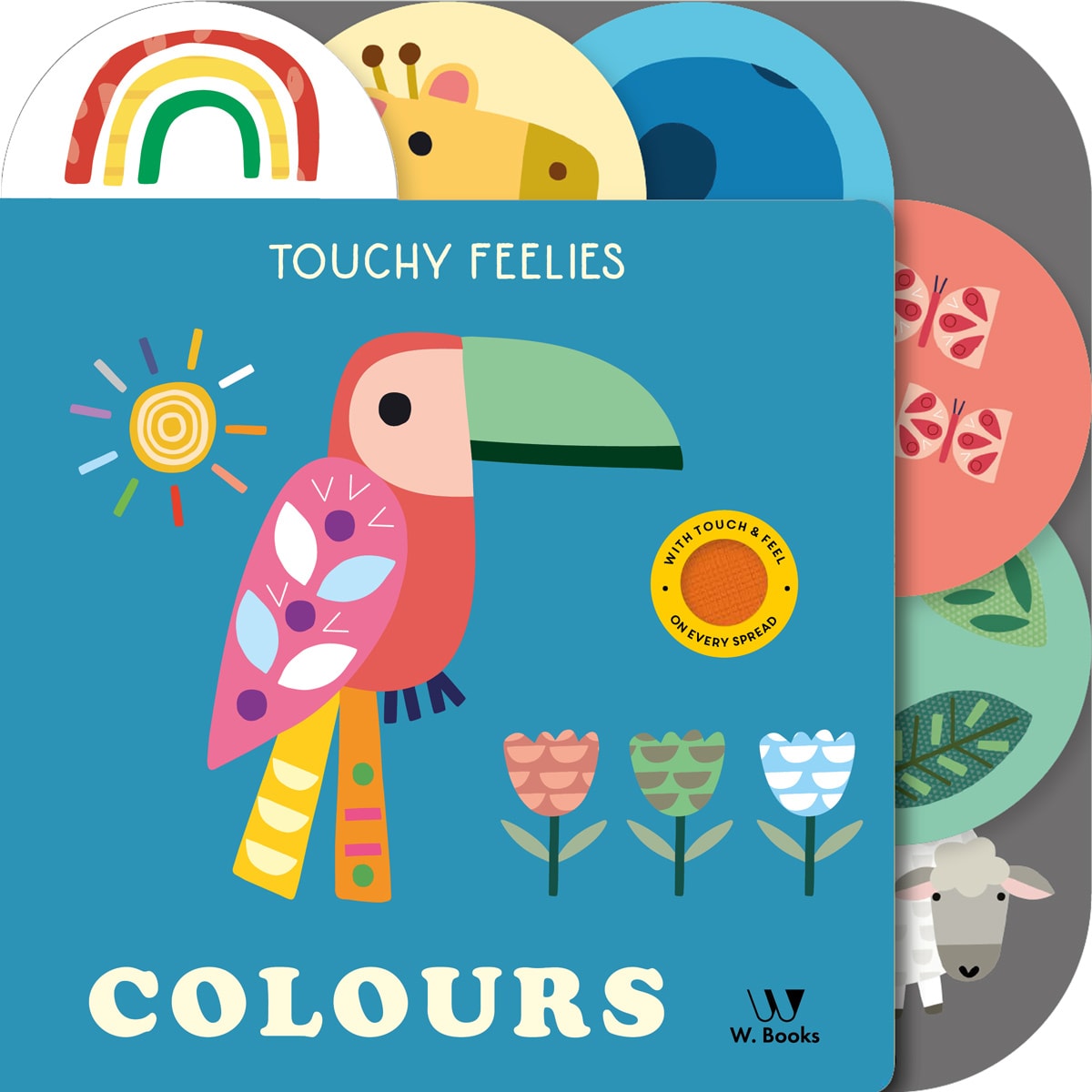 Livro infantil Toque e Sinta Colours, capa azul com tucano, flores e arco-íris — Plenitude