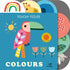 Livro infantil Toque e Sinta Colours, capa azul com tucano, flores e arco-íris — Plenitude