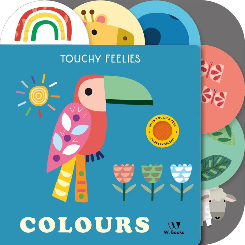 Livro infantil Toque e Sinta Colours, capa azul com tucano, flores e arco-íris — Plenitude