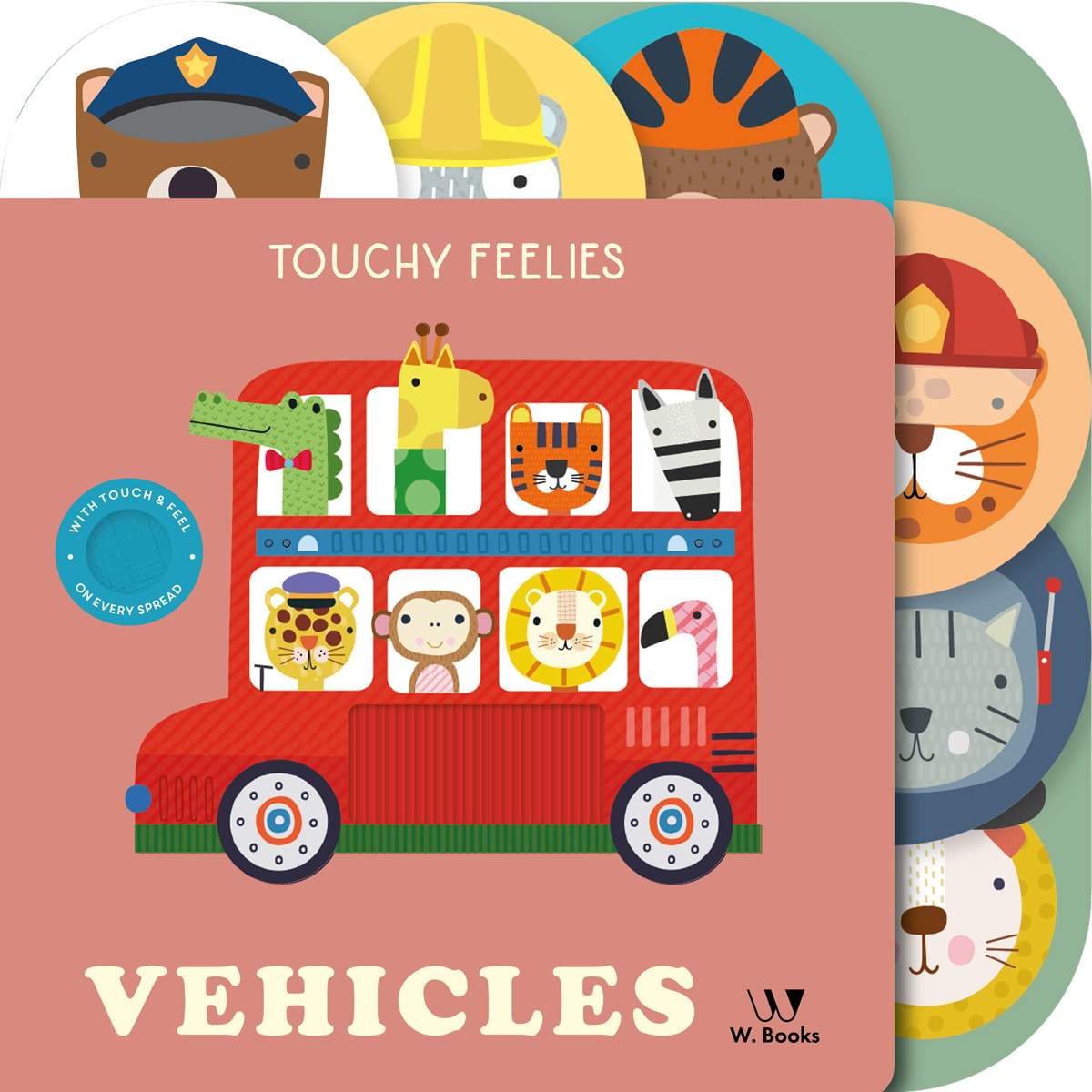 Livro tátil "Vehicles" da W. Books, capa com ônibus vermelho e texturas para tocar. — Plenitude