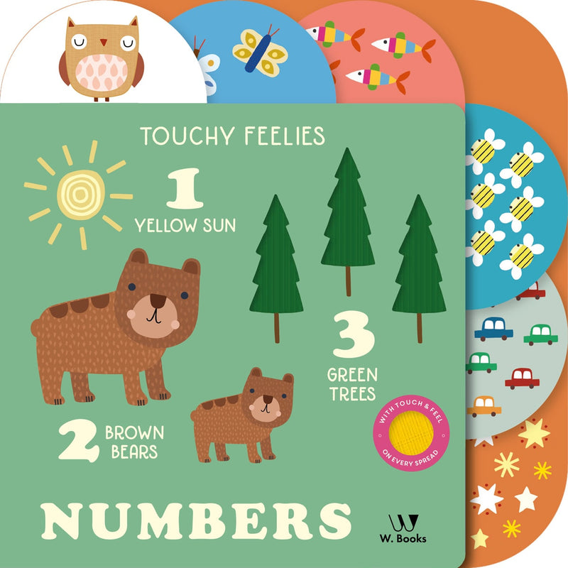 Livro tátil "Numbers" da W. Books, capa com urso e texturas para tocar. — Plenitude