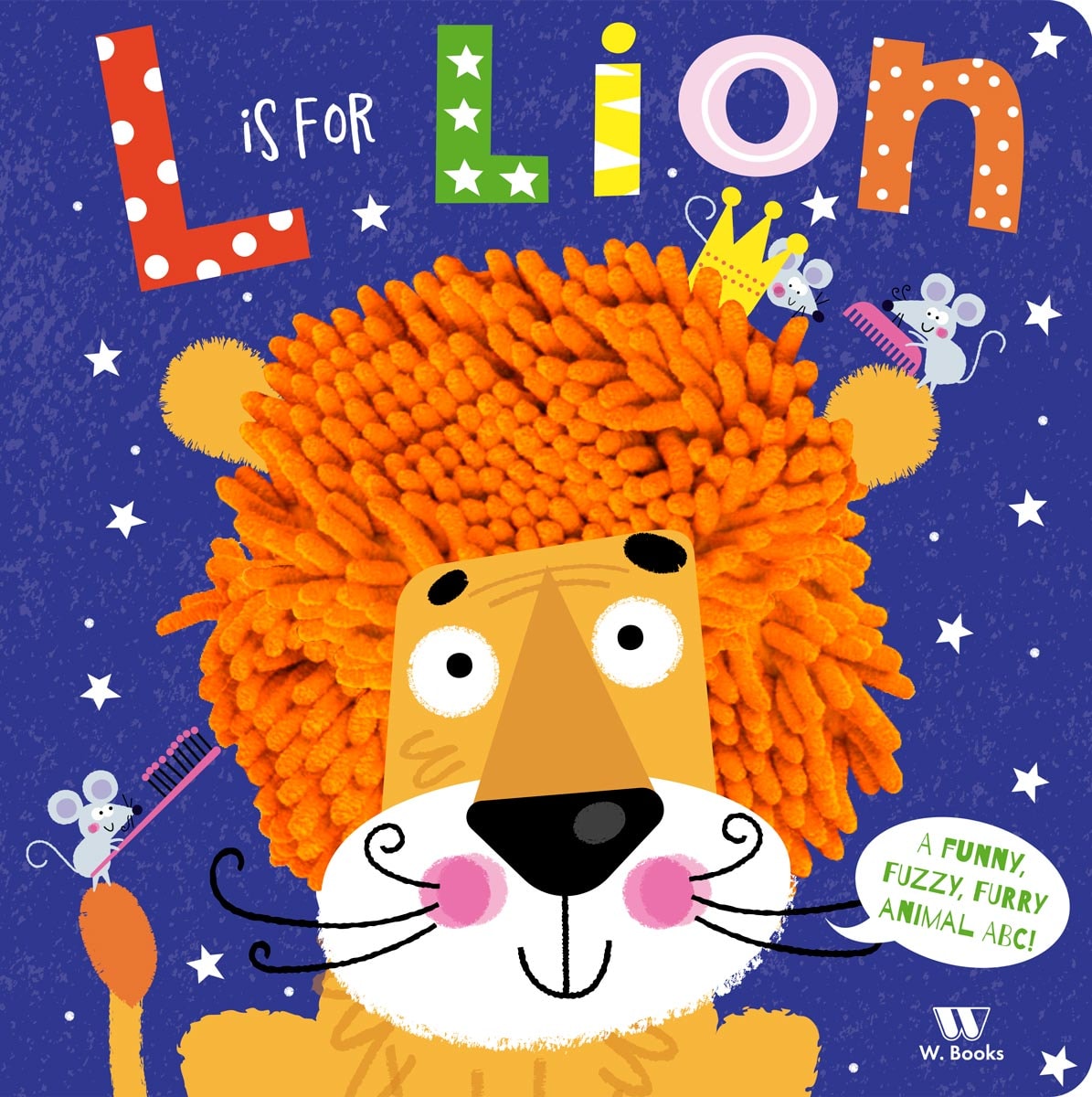 Livro infantil L is For Lion, capa azul com leão de juba felpuda e ratos. — Plenitude