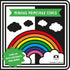 Livro infantil "Minhas Primeiras Cores" com arco-íris colorido e nuvens em preto e branco. — Plenitude