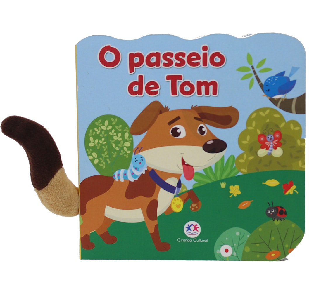 Livro infantil O passeio de Tom, capa azul com cachorro e cauda de pelúcia. — Plenitude