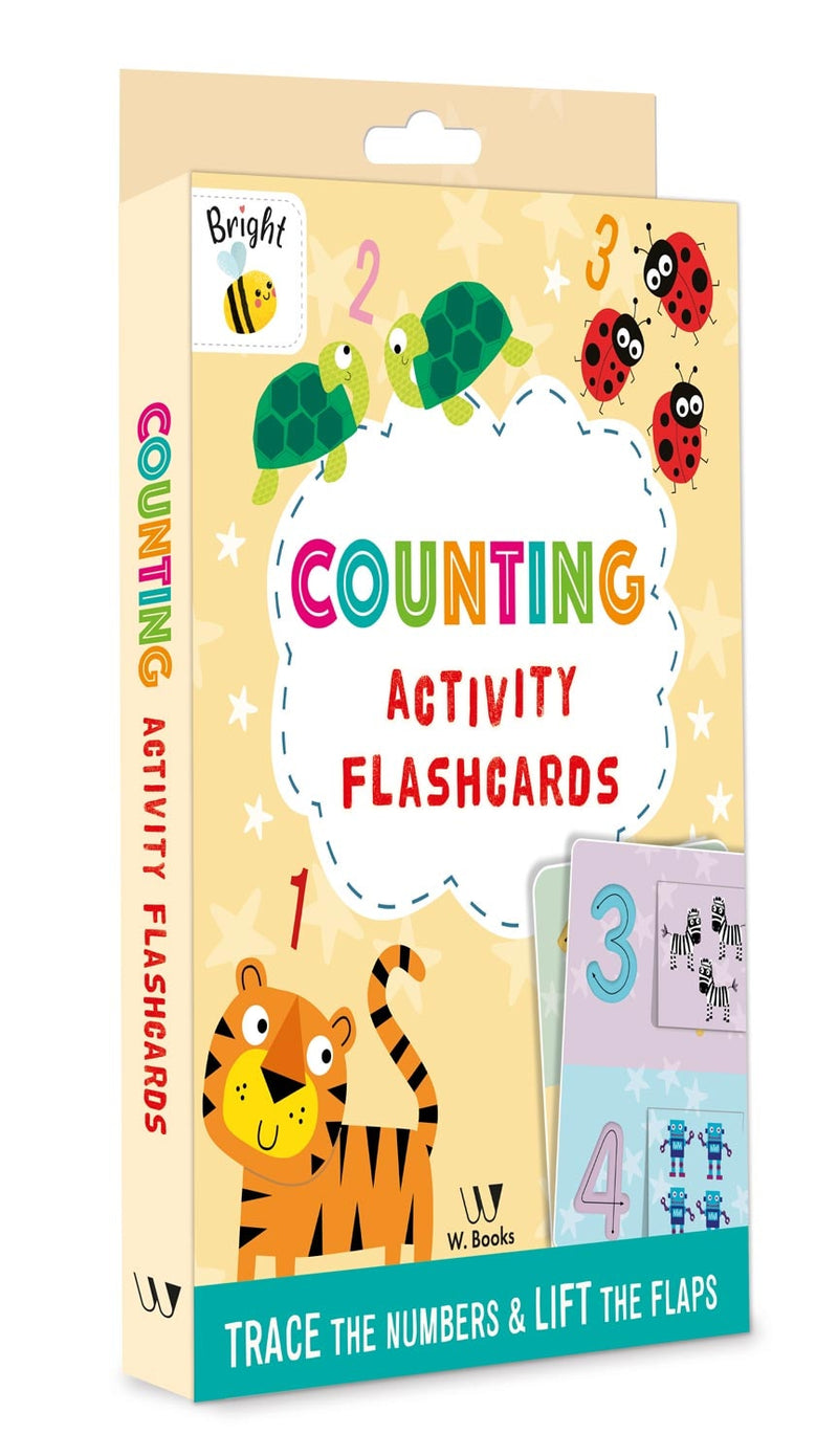 Flashcards Counting Activity, caixa amarela com ilustrações de números, joaninhas, tartarugas e tigre. — Plenitude
