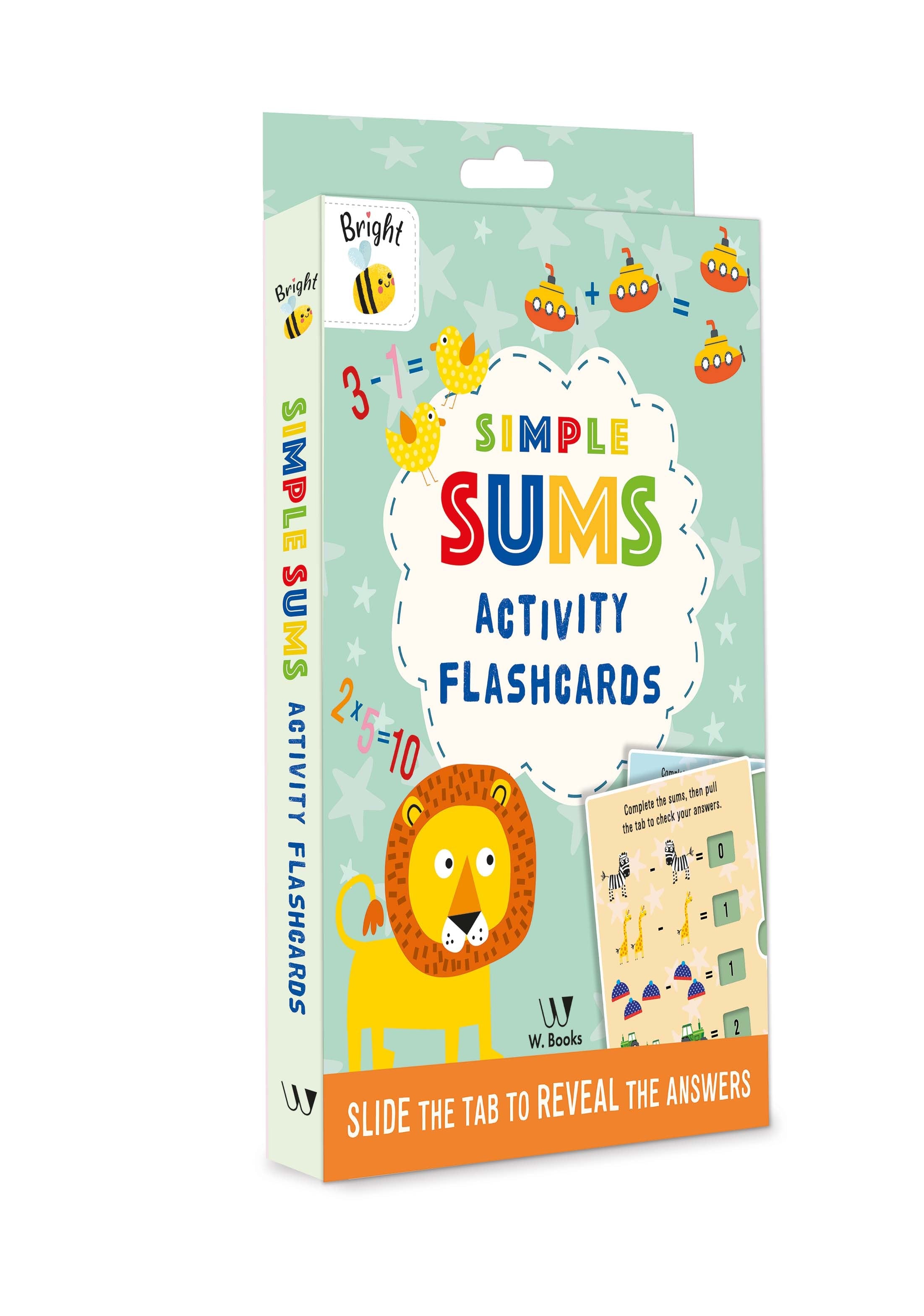 Flashcards de atividades "Simple Sums" em caixa azul clara com abelha, leão e submarinos. — Plenitude