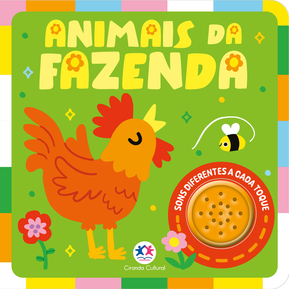 Livro infantil Animais da Fazenda da Ciranda Cultural, capa verde com galo e abelha. — Plenitude