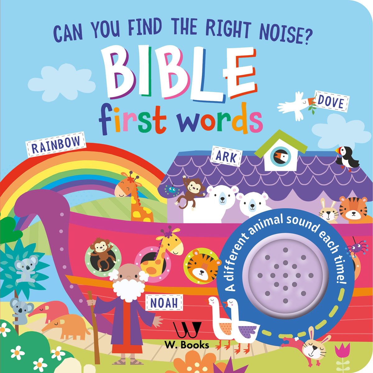 Livro infantil interativo "Bible first words" com ilustrações bíblicas e um botão de som. — Plenitude