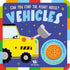 Livro sonoro "Vehicles" da W. Books, capa com escavadeira amarela e botão de sons de veículos. — Plenitude