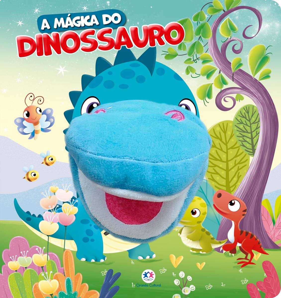 Livro infantil A Mágica do Dinossauro, capa colorida com dinossauro azul de pelúcia e outros dinossauros. — Plenitude