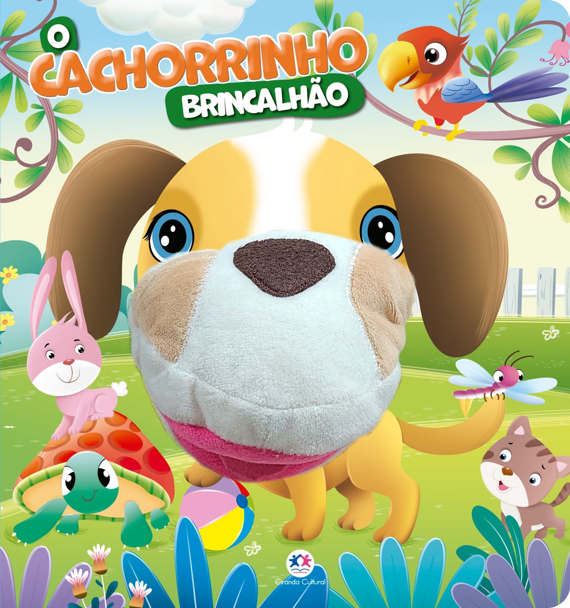 Livro infantil O Cachorrinho Brincalhão, capa colorida com cachorro de pelúcia e animais da floresta. — Plenitude