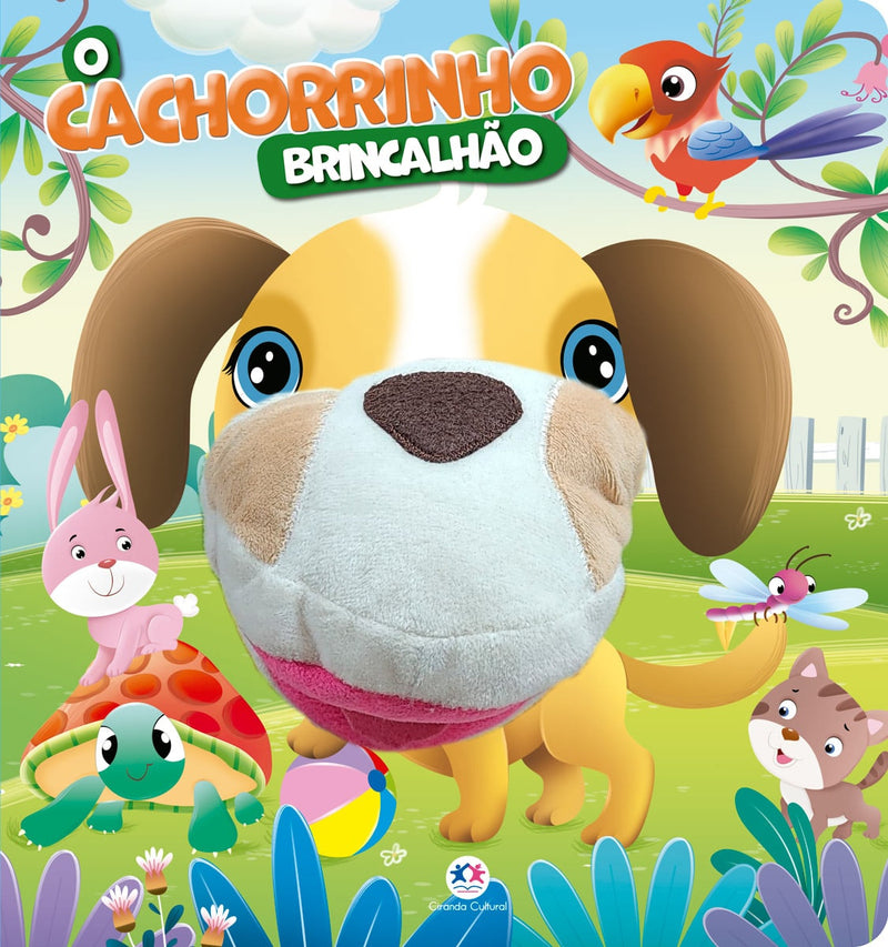 Livro infantil O Cachorrinho Brincalhão, capa colorida com cachorro de pelúcia e animais da floresta. — Plenitude
