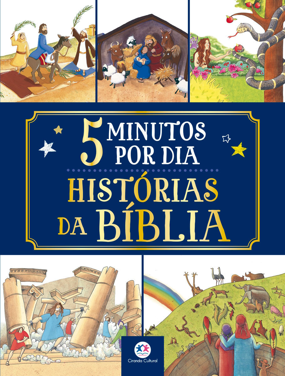 Livro 5 Minutos Por Dia - Histórias da Bíblia. Capa com ilustrações de cenas bíblicas e título em azul e dourado. — Plenitude