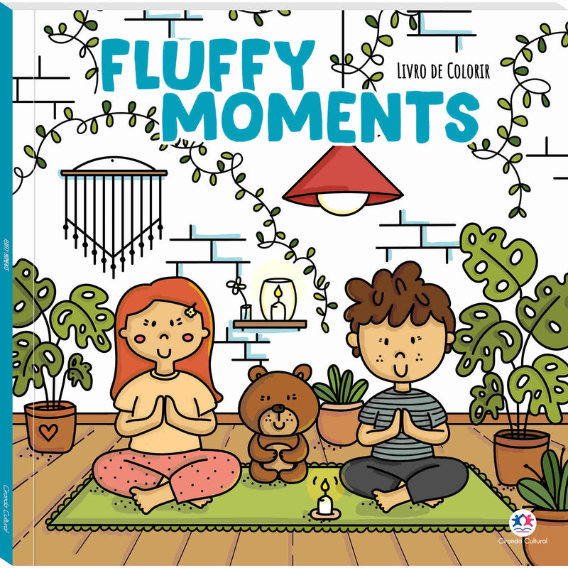 Livro de colorir Fluffy Moments, capa branca com ilustrações de crianças meditando e plantas. — Plenitude