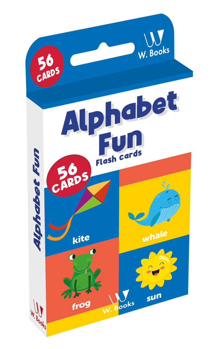 Caixa de flash cards "Alphabet Fun" branca com ilustrações de pipa, baleia, sapo e sol. — Plenitude