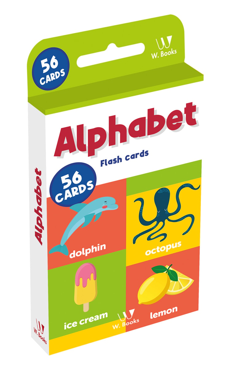 Caixa de Flash Cards Alphabet, colorida com cartas de letras e ilustrações. — Plenitude