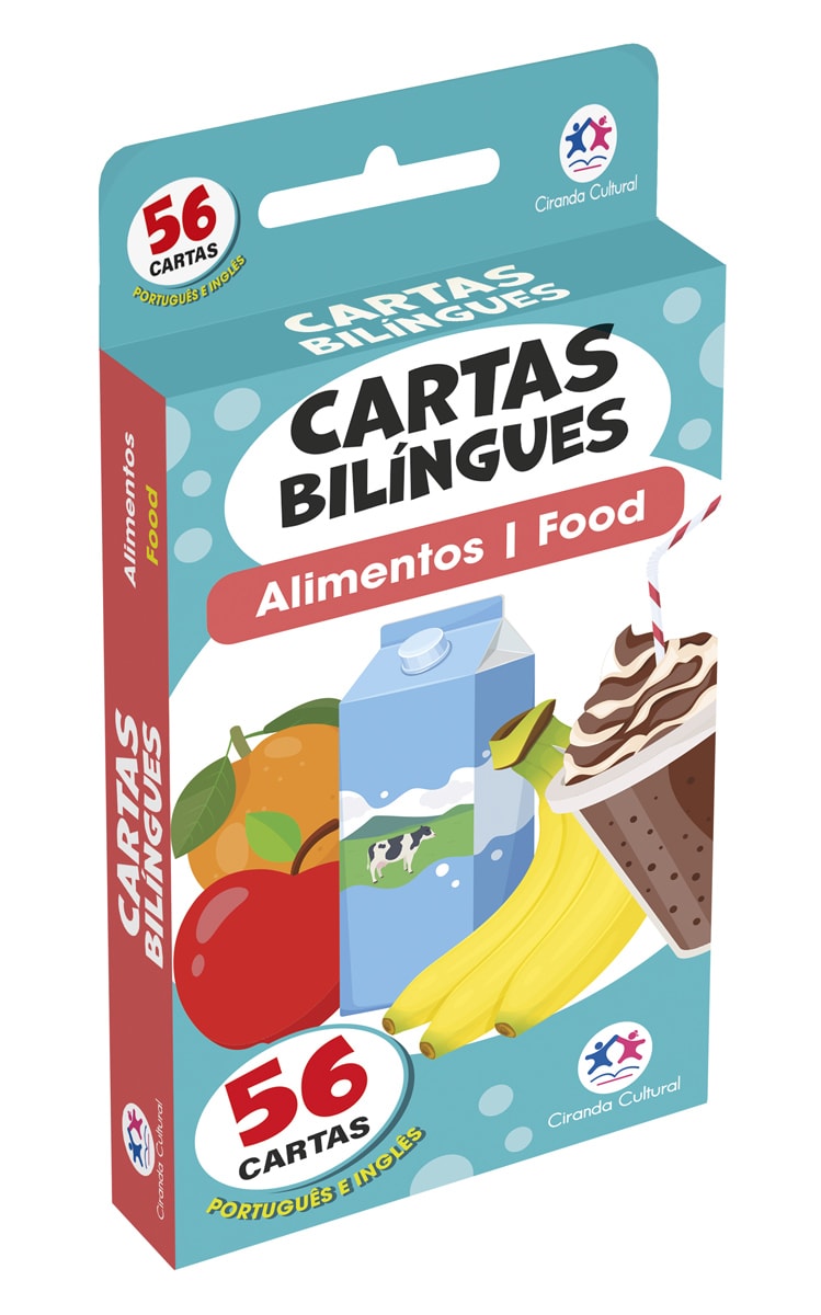 Caixa de flash cards bilíngues "Alimentos | Food" com ilustrações de frutas e bebidas. — Plenitude