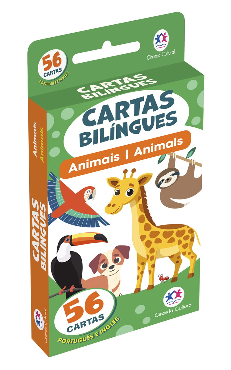 Caixa de flash cards bilíngues "Animais | Animals" com ilustrações de animais coloridos. — Plenitude