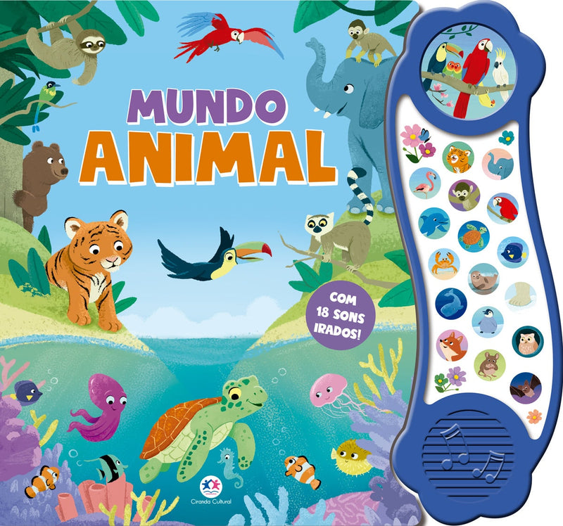 Livro sonoro "Mundo Animal com Sons Irados" da Ciranda Cultural, com capa azul e animais da selva. — Plenitude