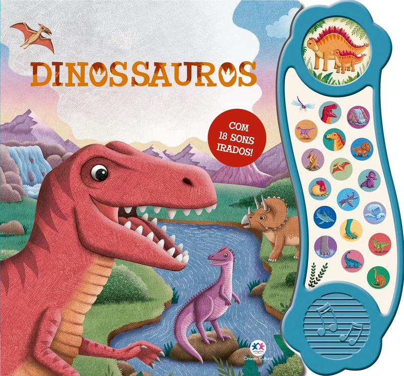 Livro sonoro "Dinossauros com Sons Irados" da Ciranda Cultural, com capa azul e dinossauros. — Plenitude