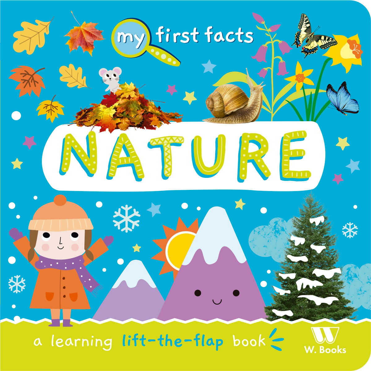 Livro interativo My First Fact Nature, capa azul com montanhas e elementos da natureza. — Plenitude