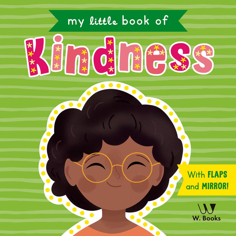 Livro infantil "My Little Book Of Kindness" com capa verde e ilustração de menina de óculos. — Plenitude
