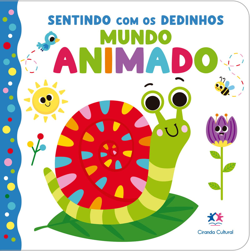 Livro infantil "Mundo Animado" com capa branca e ilustração de caracol colorido. — Plenitude