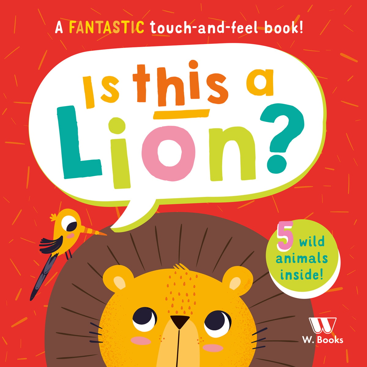 Livro infantil "Is This a Lion?" com capa vermelha e ilustração de leão. — Plenitude