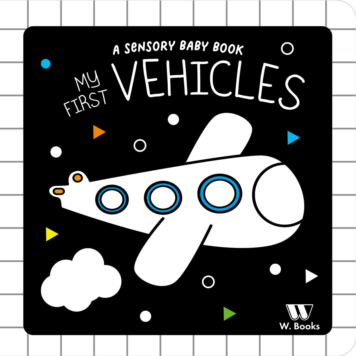 Livro sensorial My First Vehicles, capa preta com desenho de avião branco. — Plenitude