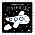 Livro sensorial My First Vehicles, capa preta com desenho de avião branco. — Plenitude