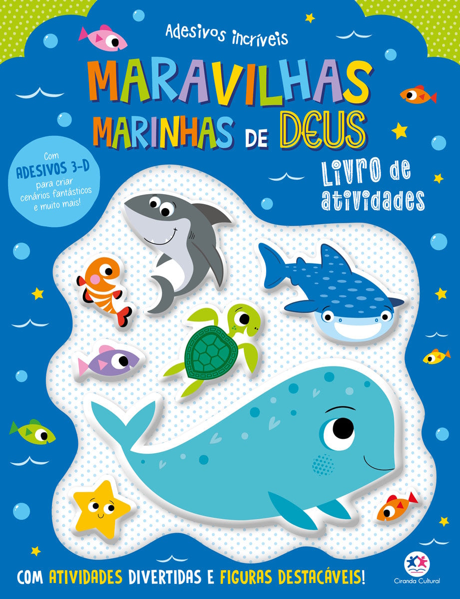 Livro de atividades Maravilhas Marinhas de Deus, capa azul com animais marinhos e adesivos. — Plenitude