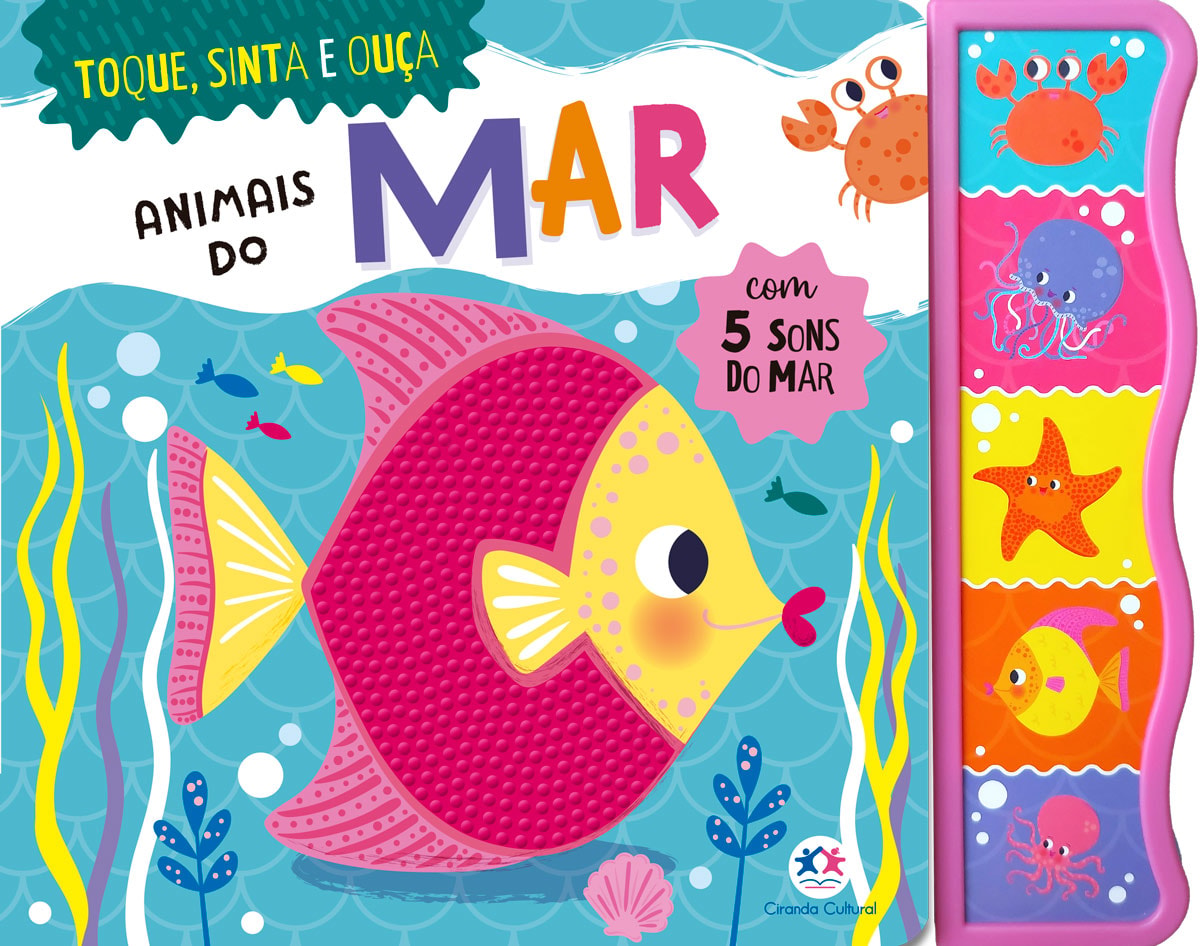 Livro Sonoro Animais do Mar, capa azul com peixe rosa e painel de sons. — Plenitude