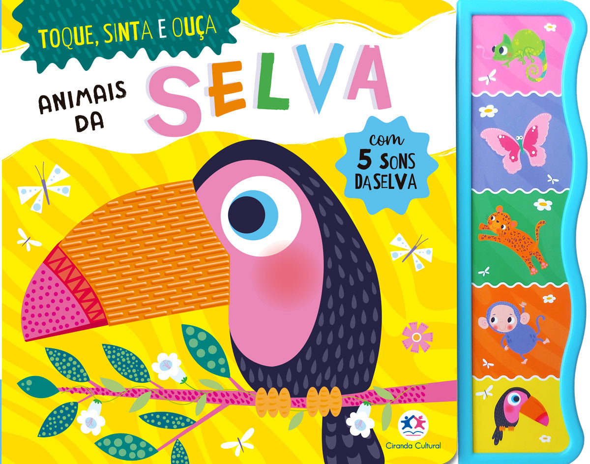 Livro sonoro "Animais da Selva" da Ciranda Cultural, capa com tucano e 5 sons da selva. — Plenitude