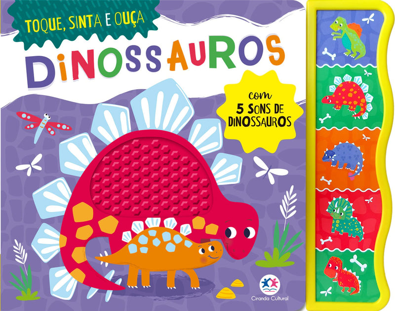 Livro sonoro "Toque, Sinta e Ouça Dinossauros" da Ciranda Cultural, com capa roxa e dinossauros. — Plenitude