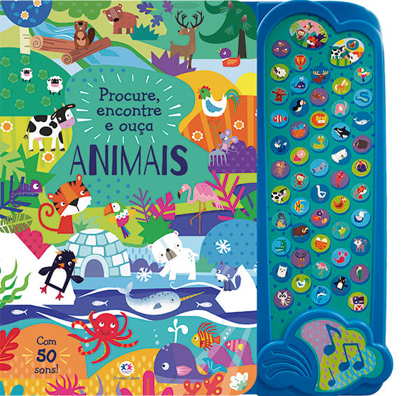 Livro interativo "Procure, Encontre e Ouça os Animais" da Ciranda Cultural, com sons de animais. — Plenitude