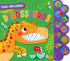 Livro infantil "Dinossauros Toque nas texturas" com capa verde e dinossauro laranja. — Plenitude