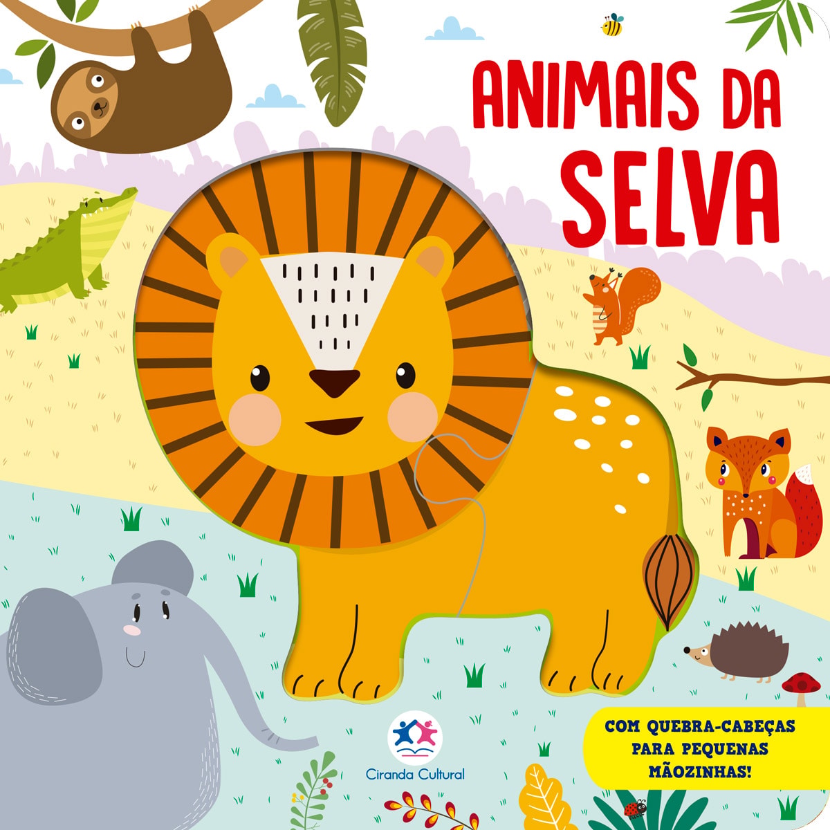 Livro infantil Animais da Selva quebra-cabeças, capa verde com leão, elefante, preguiça, jacaré, esquilo e raposa — Plenitude