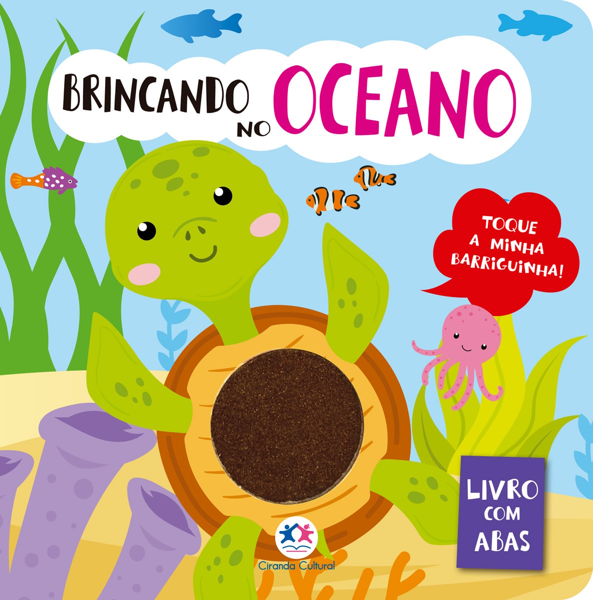 Livro infantil "Brincando no Oceano" com capa azul e ilustração de tartaruga. — Plenitude