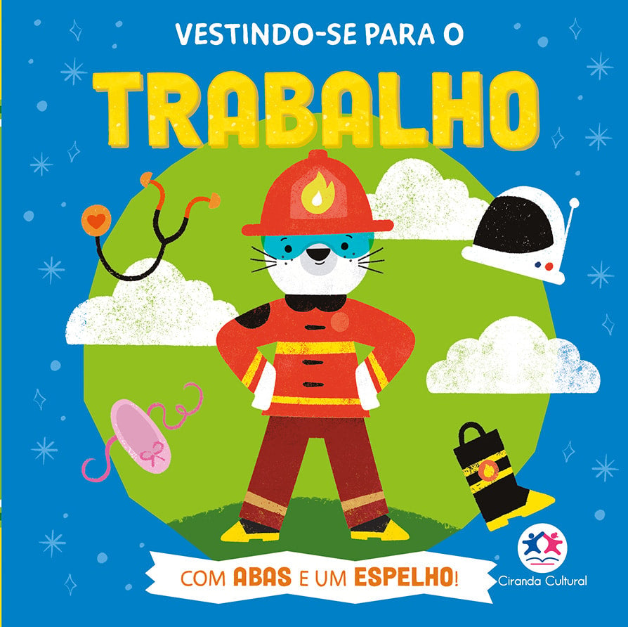 Livro infantil "Vestindo-se Para o Trabalho" com capa azul e um bombeiro animal. — Plenitude