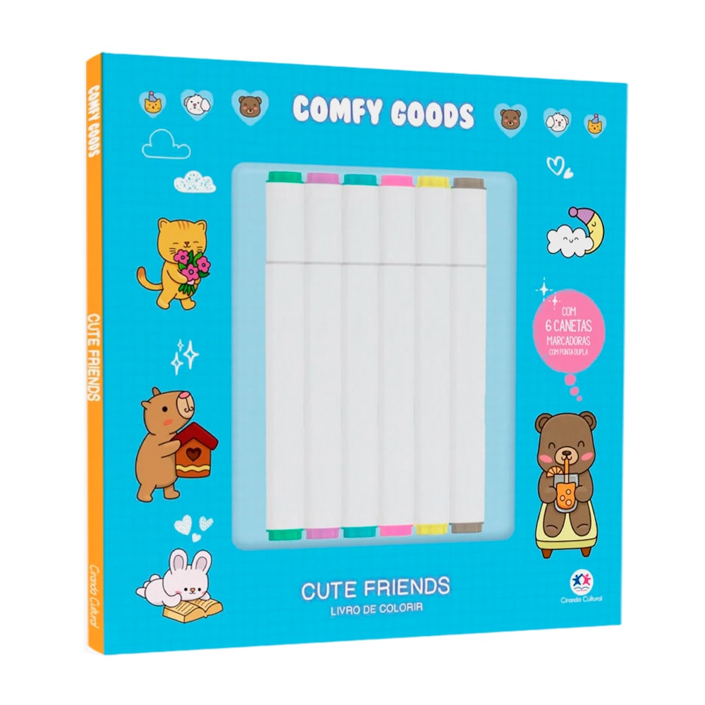 Kit de colorir Comfy Goods Cute Friends, caixa azul com 6 canetinhas marcadoras. — Plenitude