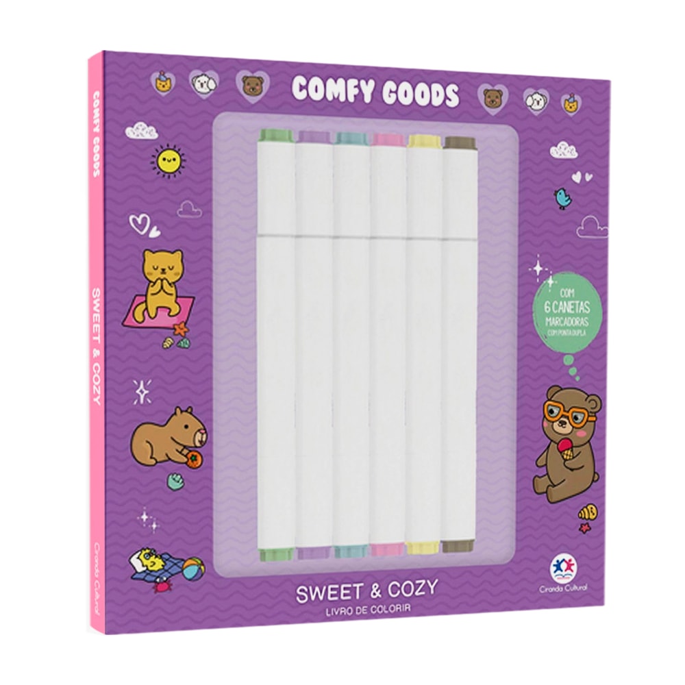 Kit de colorir Comfy Goods Sweet and Cozy, caixa roxa com 6 canetinhas marcadoras. — Plenitude