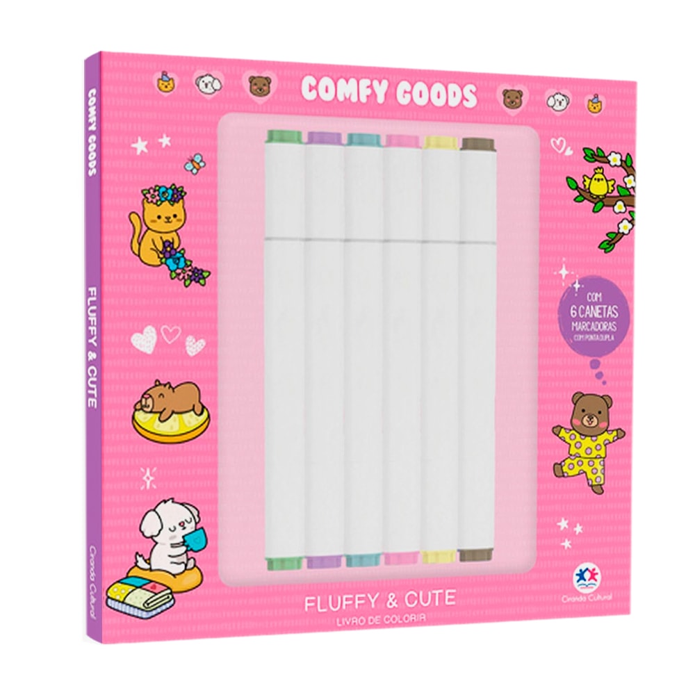 Kit de colorir Comfy Goods Fluffy and Cute, caixa rosa com 6 canetinhas marcadoras. — Plenitude